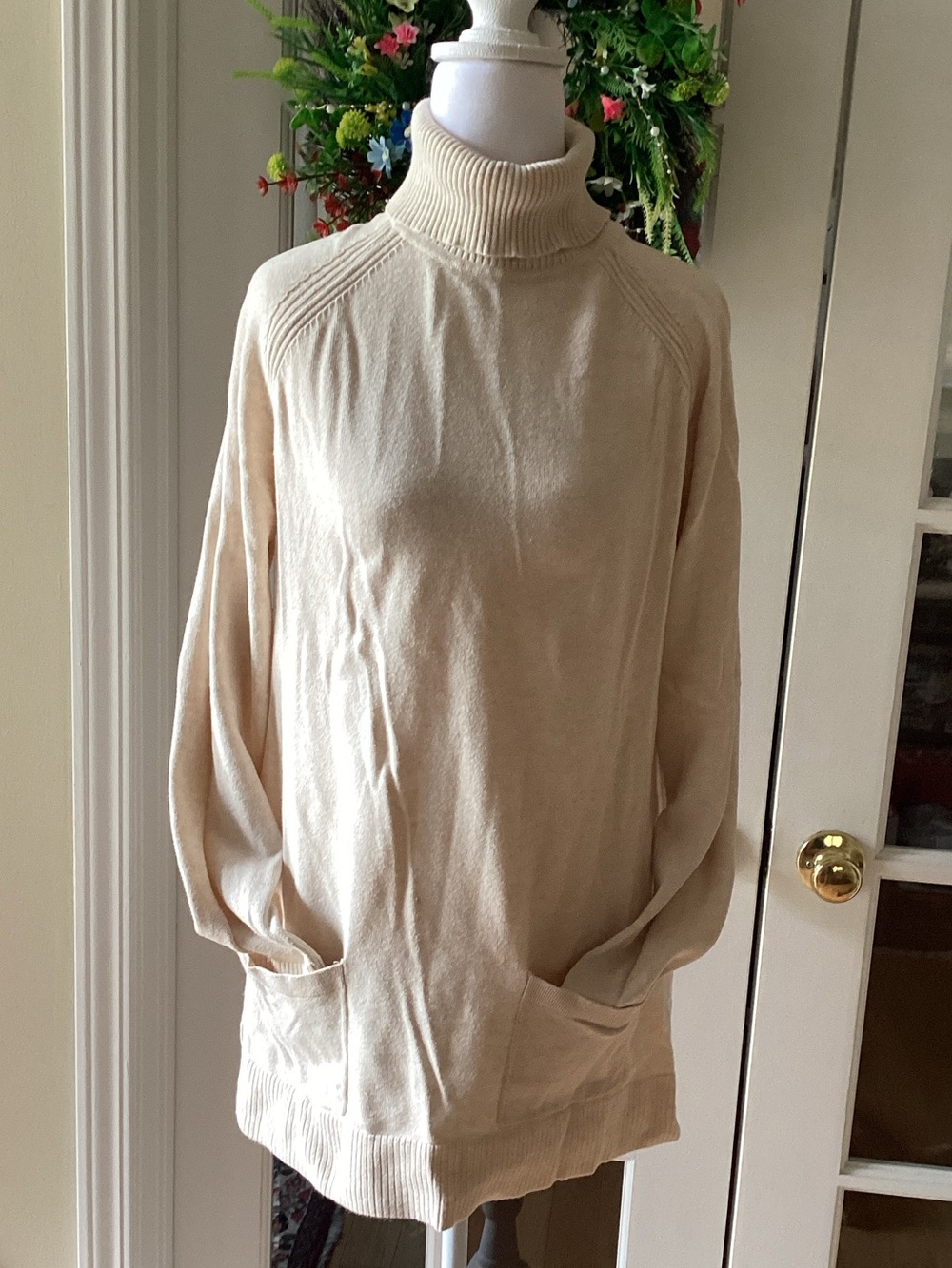 Jean Pierre Cream Turtleneck Sweater with Front Pockets